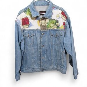 Stella Blue Womens Vintage Denim Jacket 3 Painted Graphic Garden Vegetable